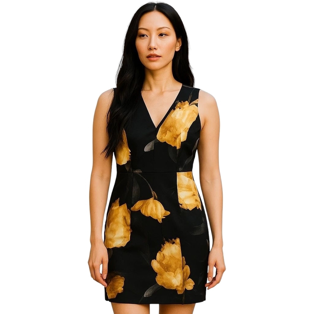 White House Black Market Black Mini Dress with Golden Floral Motif